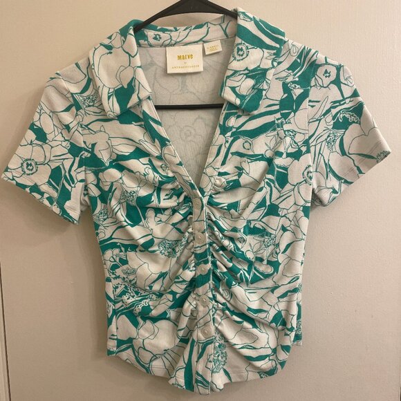 Anthropologie Maeve Green Floral Rouched Blouse Button Size XS - Picture 5 of 9